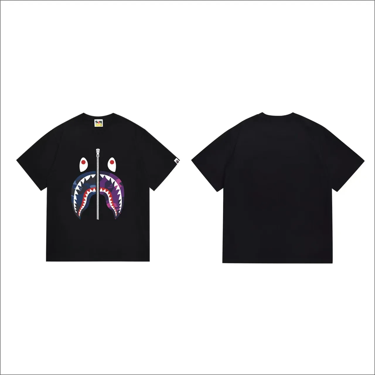 A Bathing Ape Shark Hoodie Black Multicolor Split Mouth Graphic Center Zipper Motif T-Shirt 5