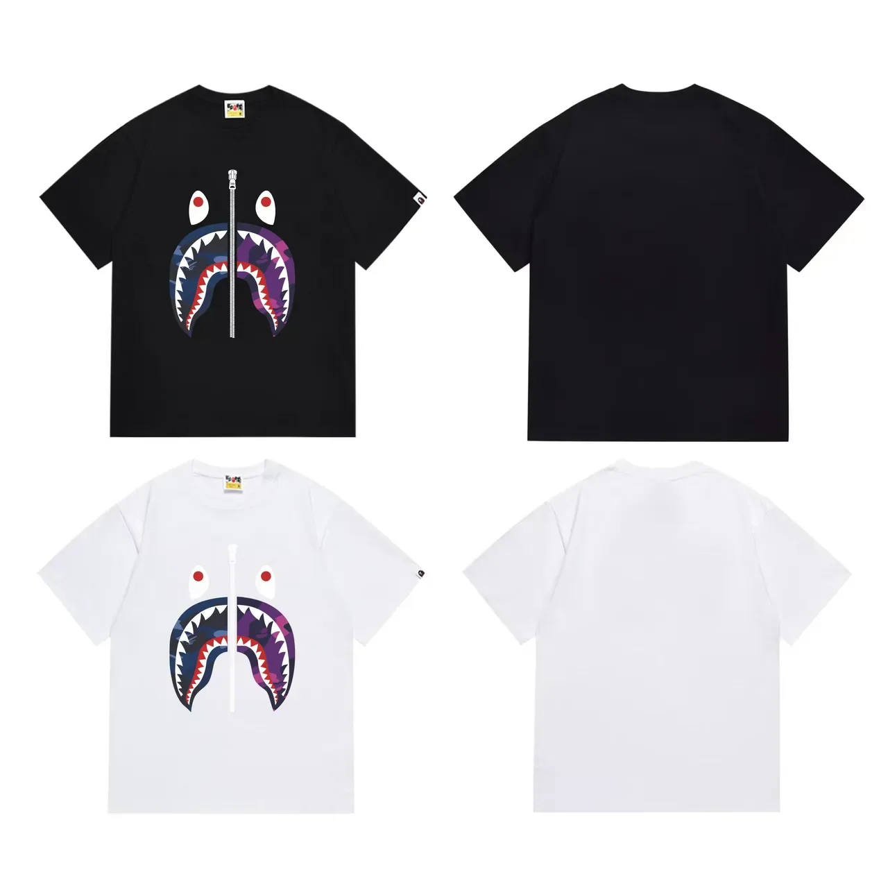A Bathing Ape Shark Hoodie Black Multicolor Split Mouth Graphic Center Zipper Motif T-Shirt 6