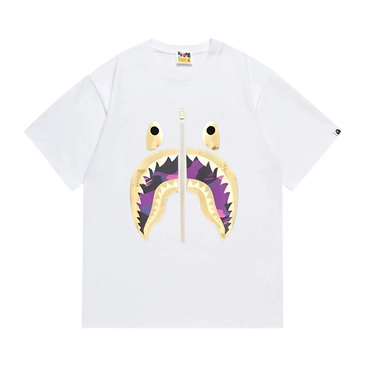A Bathing Ape शार्क हूडी काला बैंगनी ग्राफिक प्रिंट ज़िपर डिटेल टी-शर्ट 4