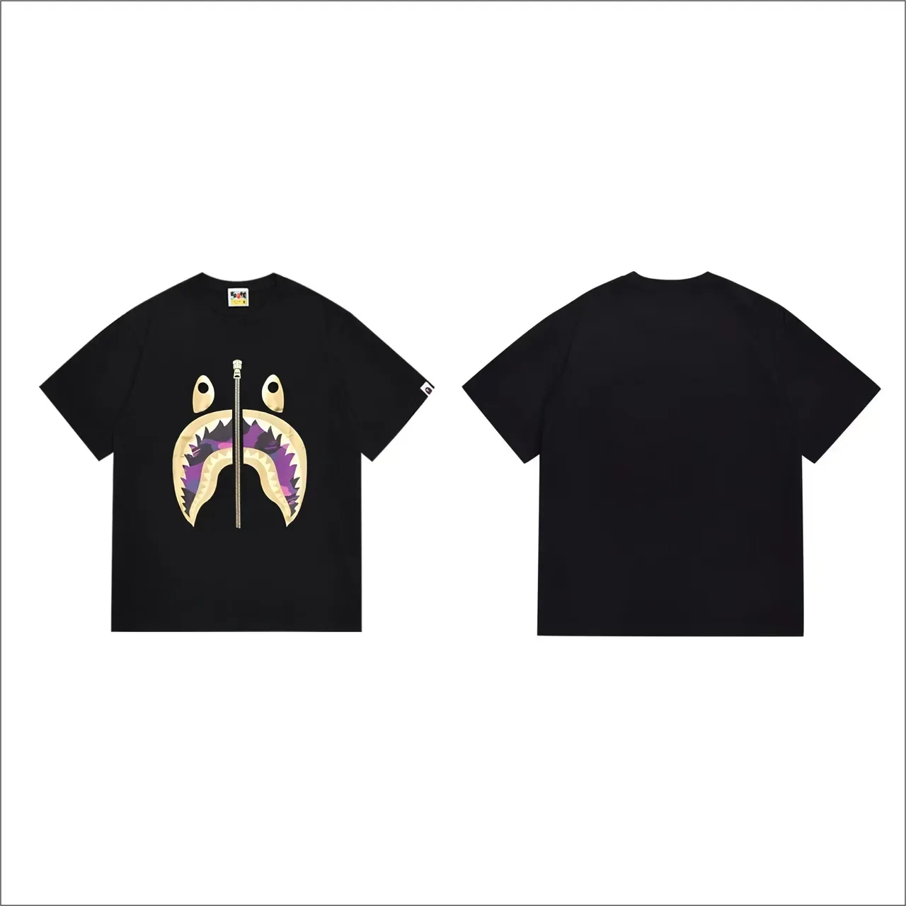 A Bathing Ape शार्क हूडी काला बैंगनी ग्राफिक प्रिंट ज़िपर डिटेल टी-शर्ट 5