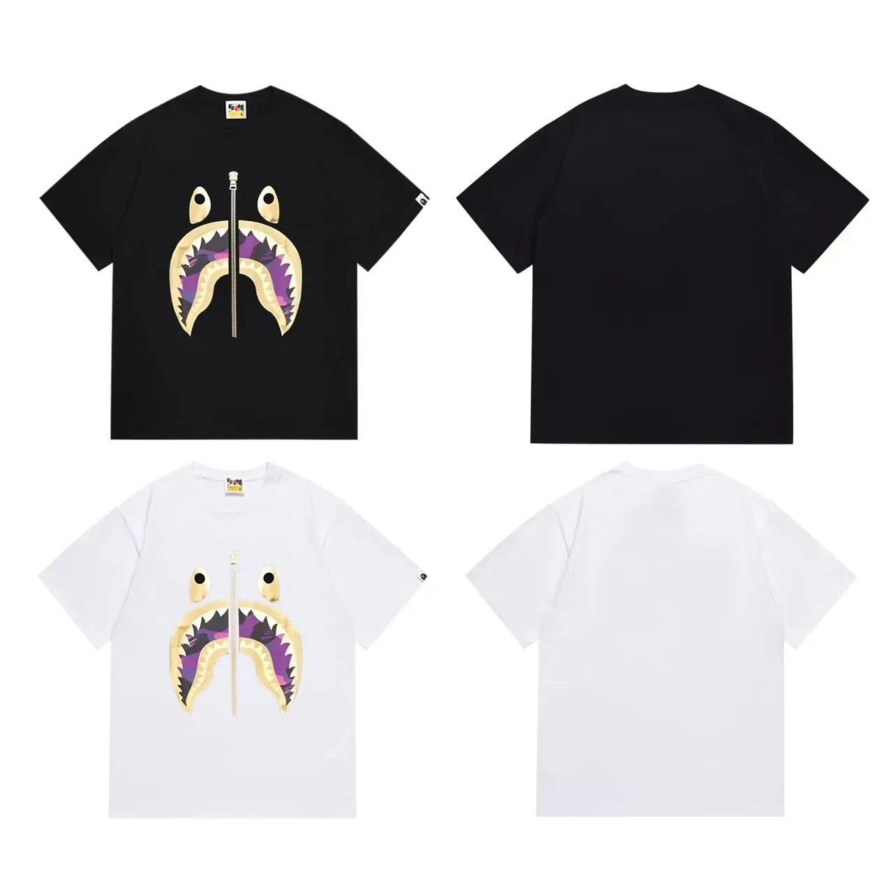 A Bathing Ape शार्क हूडी काला बैंगनी ग्राफिक प्रिंट ज़िपर डिटेल टी-शर्ट 7