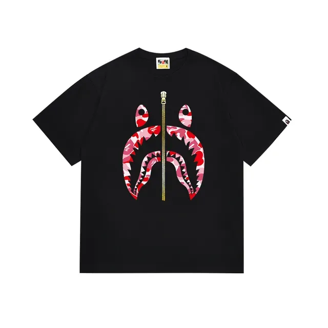 A Bathing Ape Shark Hoodie White Pink Graphic Front-Print Central Gold Zipper Detail T-Shirt 10