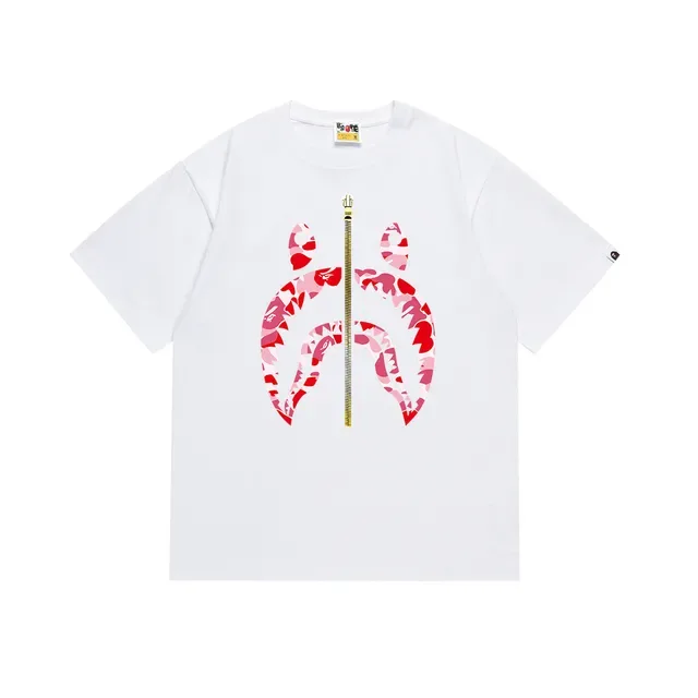 A Bathing Ape Shark Hoodie White Pink Graphic Front-Print Central Gold Zipper Detail T-Shirt 11
