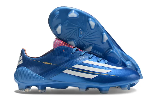 Adidas adizero Superior rosa y azul geométrico blanco tres tiras marca superficie firme zapatillas de fútbol 13