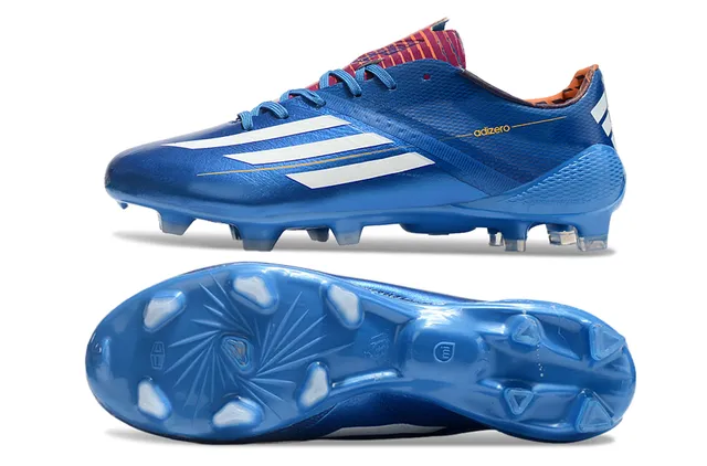 Adidas adizero Superior rosa y azul geométrico blanco tres tiras marca superficie firme zapatillas de fútbol 14