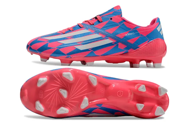 Adidas adizero Superior rosa y azul geométrico blanco tres tiras marca superficie firme zapatillas de fútbol 20