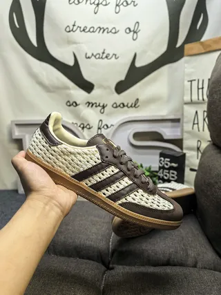 Adidas Beige Brown Woven Textile Upper Leather Stripes Lifestyle Sneakers 5