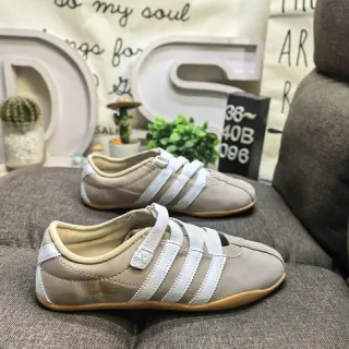 Adidas Beige White Laceless Strap Closure Three-Stripe Side Panel Lifestyle Sneakers