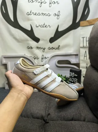 Adidas Beige White Laceless Strap Closure Three-Stripe Side Panel Lifestyle Sneakers 5