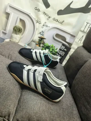 Adidas Black Beige Laceless Velcro Closure Three-Stripe Side Panel Lifestyle Sneakers 7