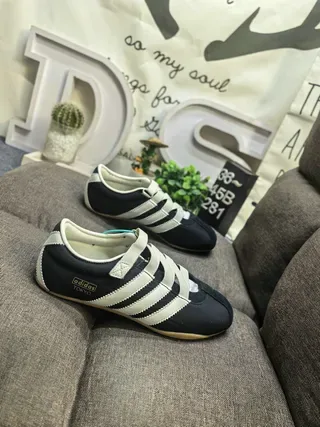 Adidas Black Beige Laceless Velcro Closure Three-Stripe Side Panel Lifestyle Sneakers 9