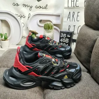 Adidas Black Red Sculpted Sole Layered Cage Construction Chunky Sneakers