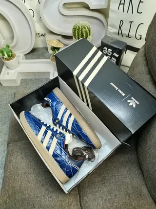 Adidas Blue Beige Crocodile-Embossed Leather Cream Triple Stripes Lifestyle Sneakers 3