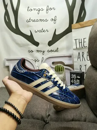 Adidas Blue Beige Crocodile-Embossed Leather Cream Triple Stripes Lifestyle Sneakers 6