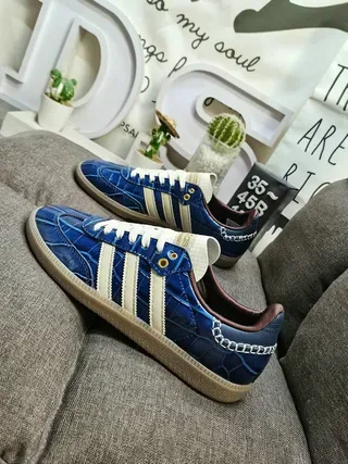 Adidas Blue Beige Crocodile-Embossed Leather Cream Triple Stripes Lifestyle Sneakers 7