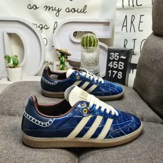 Adidas Blue Beige Crocodile-Embossed Leather Upper Cream Triple Stripes Lifestyle Sneakers