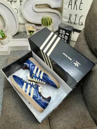 Adidas Blue Beige Crocodile-Embossed Leather Upper Cream Triple Stripes Lifestyle Sneakers 3
