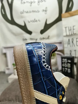 Adidas Blue Beige Crocodile-Embossed Leather Upper Cream Triple Stripes Lifestyle Sneakers 4