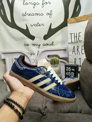 Adidas Blue Beige Crocodile-Embossed Leather Upper Cream Triple Stripes Lifestyle Sneakers 6