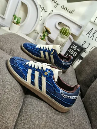 Adidas Blue Beige Crocodile-Embossed Leather Upper Cream Triple Stripes Lifestyle Sneakers 7
