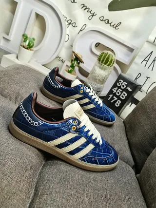 Adidas Blue Beige Crocodile-Embossed Leather Upper Cream Triple Stripes Lifestyle Sneakers 9