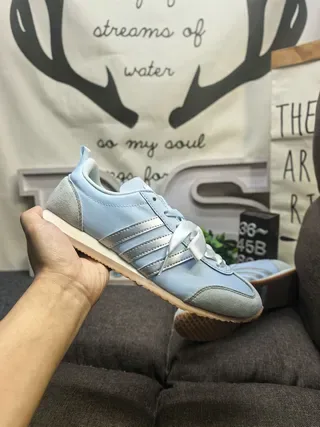 Adidas Blue Silver Retro Runner Silhouette Light Leather-Like Upper Lifestyle Sneakers 5