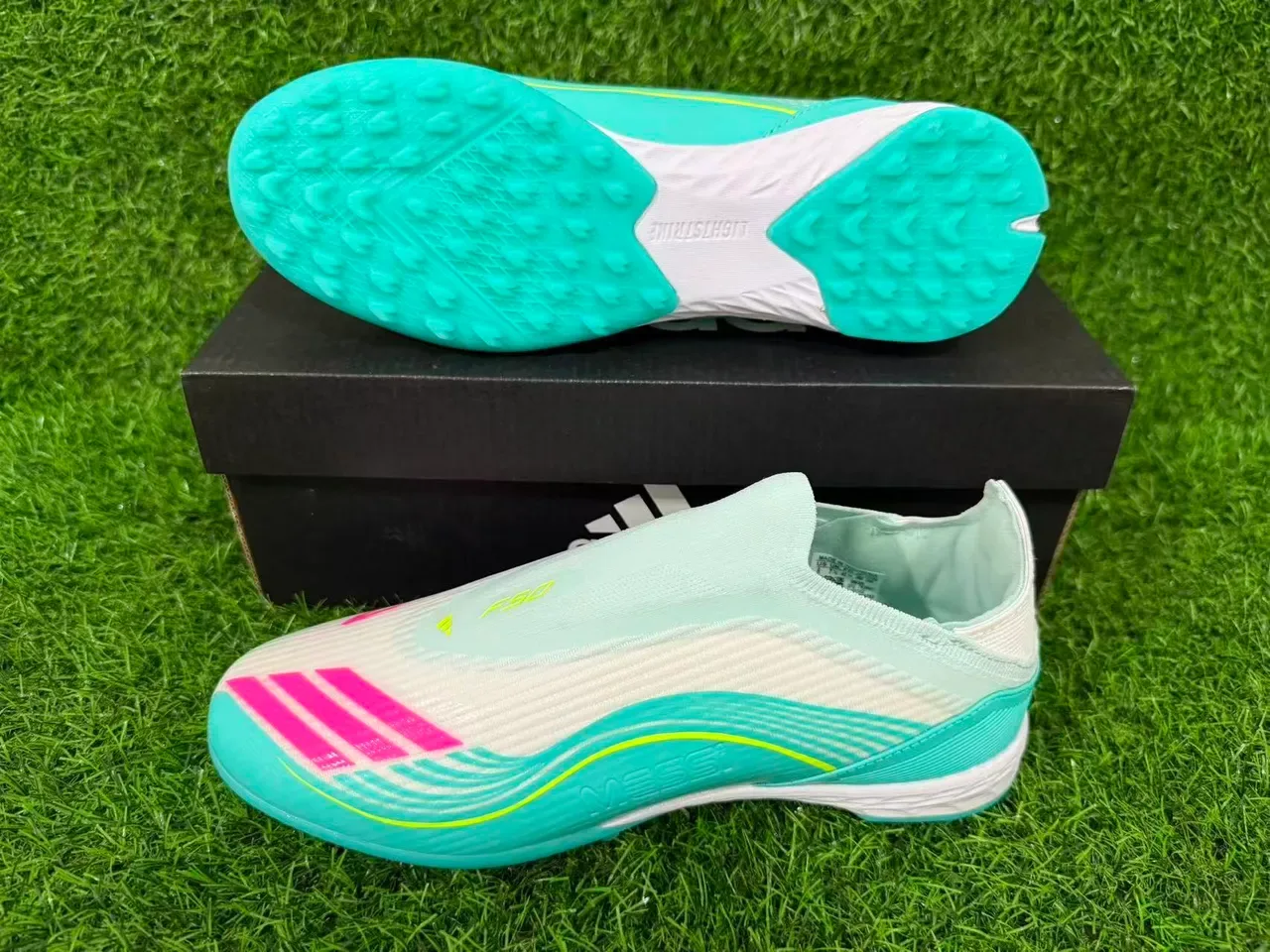 Adidas Blue White Laceless Sock-Fit Molded Turf Studs Artificial-Grass Soccer Shoes 13