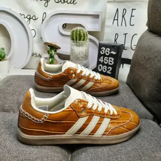 Adidas Brown Beige Crocodile-Embossed Leather Upper Off-White Three Stripes Lifestyle Sneakers