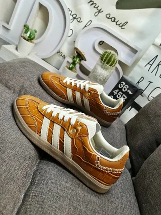 Adidas Brown Beige Crocodile-Embossed Leather Upper Off-White Three Stripes Lifestyle Sneakers 7