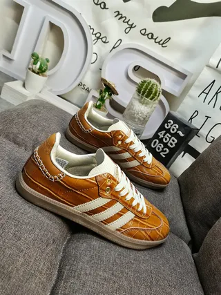 Adidas Brown Beige Crocodile-Embossed Leather Upper Off-White Three Stripes Lifestyle Sneakers 9