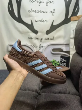 Adidas Brown Blue Woven Textile Upper Light Three Stripes Lifestyle Sneakers 5