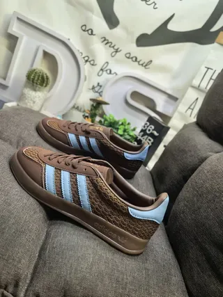Adidas Brown Blue Woven Textile Upper Light Three Stripes Lifestyle Sneakers 7