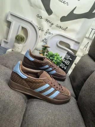 Adidas Brown Blue Woven Textile Upper Light Three Stripes Lifestyle Sneakers 9