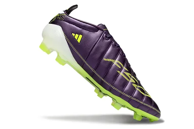 Adidas F50 Chuteiras de futebol couro superior roxo verde metálico vamp acolchoado para terreno firme 2