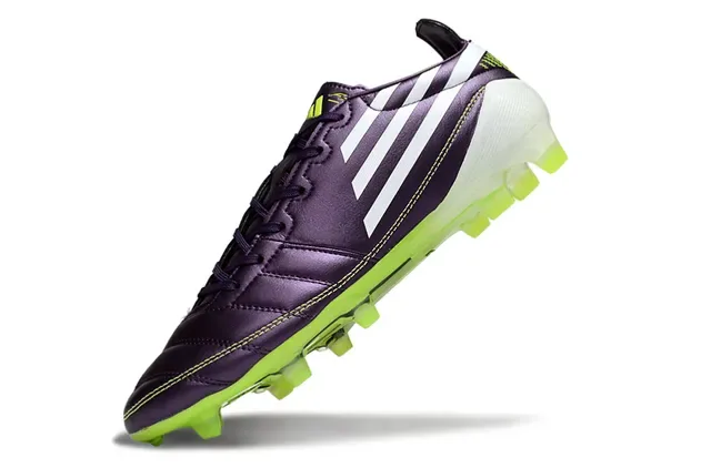 Adidas F50 Chuteiras de futebol couro superior roxo verde metálico vamp acolchoado para terreno firme 3