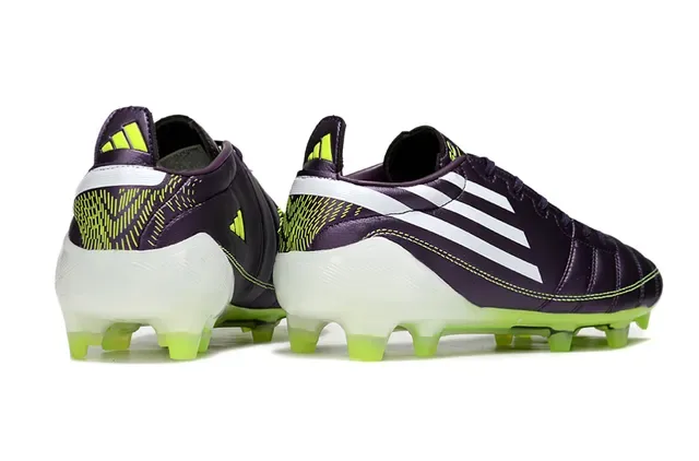 Adidas F50 Chuteiras de futebol couro superior roxo verde metálico vamp acolchoado para terreno firme 5