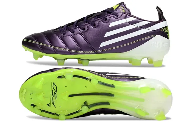 Adidas F50 Chuteiras de futebol couro superior roxo verde metálico vamp acolchoado para terreno firme 6