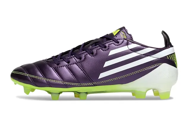 Adidas F50 Chuteiras de futebol couro superior roxo verde metálico vamp acolchoado para terreno firme 7