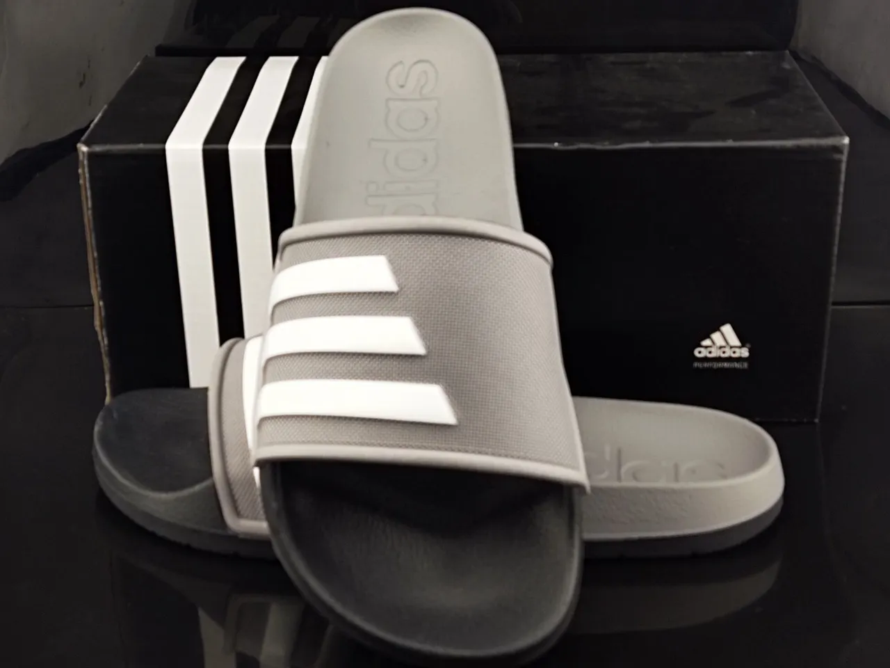Adidas Gray White Perforated Mesh Strap Three Stripes Slippers 3