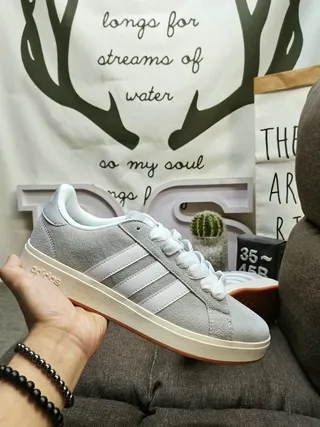 Adidas Gray White Suede Upper Three-Stripe Side Panel Lifestyle Sneakers 5