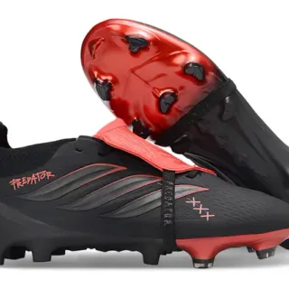Adidas Predator Black Red Asymmetrical Laceless Strap Textured Synthetic Upper Firm-Ground Soccer Shoes