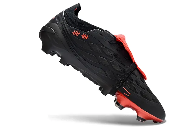 Adidas Predator Black Red Asymmetrical Laceless Strap Textured Synthetic Upper Firm-Ground Soccer Shoes 2