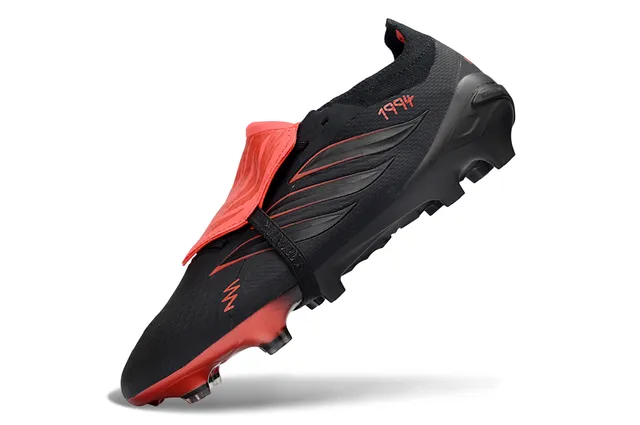 Adidas Predator Black Red Asymmetrical Laceless Strap Textured Synthetic Upper Firm-Ground Soccer Shoes 3