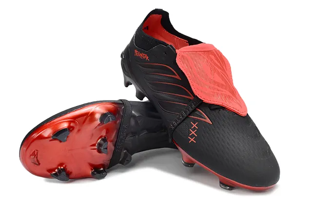 Adidas Predator Black Red Asymmetrical Laceless Strap Textured Synthetic Upper Firm-Ground Soccer Shoes 4