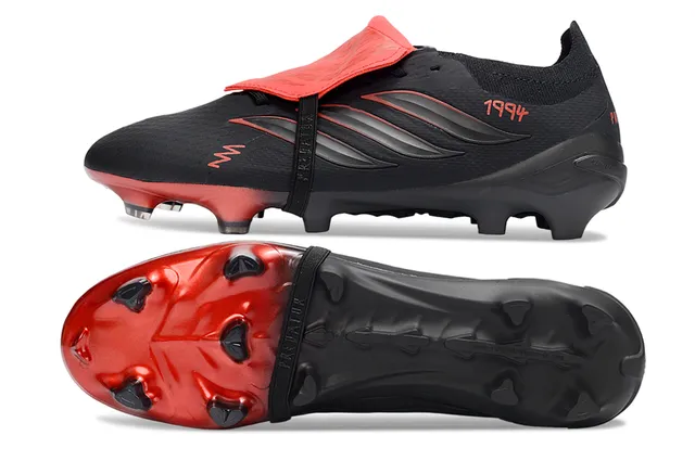 Adidas Predator Black Red Asymmetrical Laceless Strap Textured Synthetic Upper Firm-Ground Soccer Shoes 6