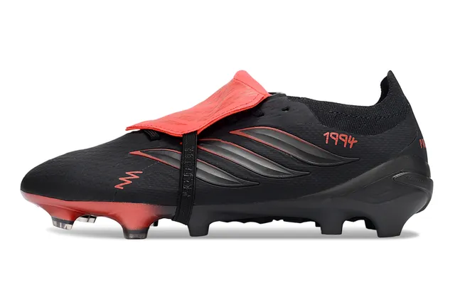 Adidas Predator Black Red Asymmetrical Laceless Strap Textured Synthetic Upper Firm-Ground Soccer Shoes 7
