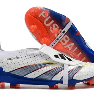 Adidas Predator White Blue Perforated Synthetic Upper Asymmetrical Laceless Strap Firm-Ground Soccer Shoes
