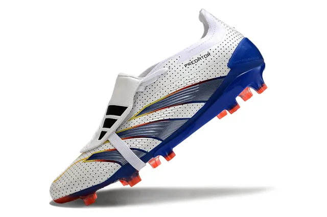 Adidas Predator White Blue Perforated Synthetic Upper Asymmetrical Laceless Strap Firm-Ground Soccer Shoes 3