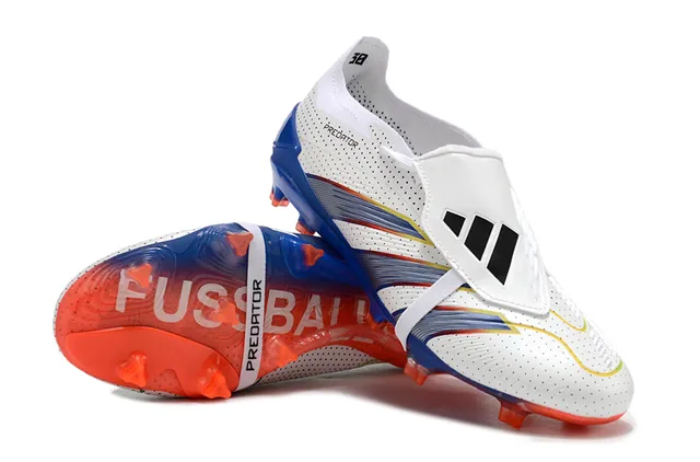 Adidas Predator White Blue Perforated Synthetic Upper Asymmetrical Laceless Strap Firm-Ground Soccer Shoes 4