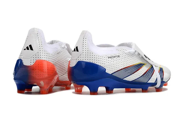 Adidas Predator White Blue Perforated Synthetic Upper Asymmetrical Laceless Strap Firm-Ground Soccer Shoes 5